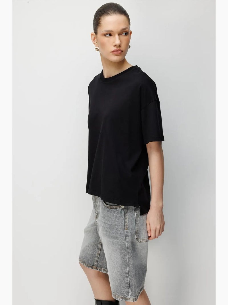 Camiseta lisa de cuello redondo extragrande con abertura de mixray Negro - Kiabi