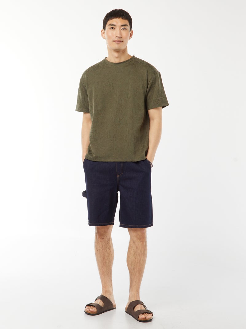 Camiseta lisa de jacquard de manga corta Kaki - Kiabi