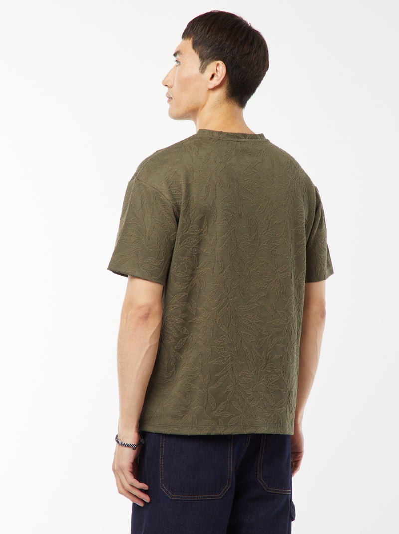 Camiseta lisa de jacquard de manga corta Kaki - Kiabi