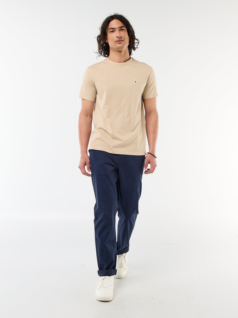 Camiseta lisa de manga corta con bordado Beige - Kiabi