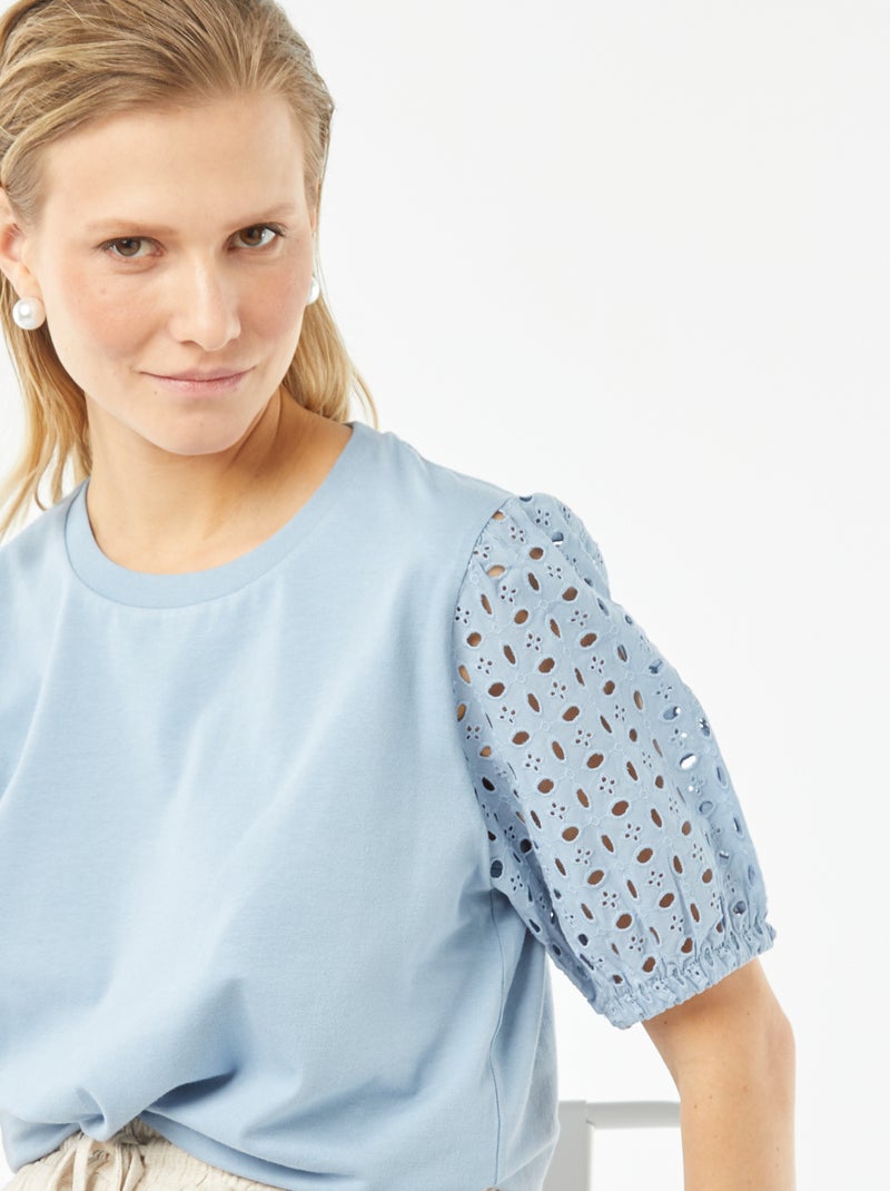 Camiseta lisa de manga corta con bordado inglés AZUL - Kiabi