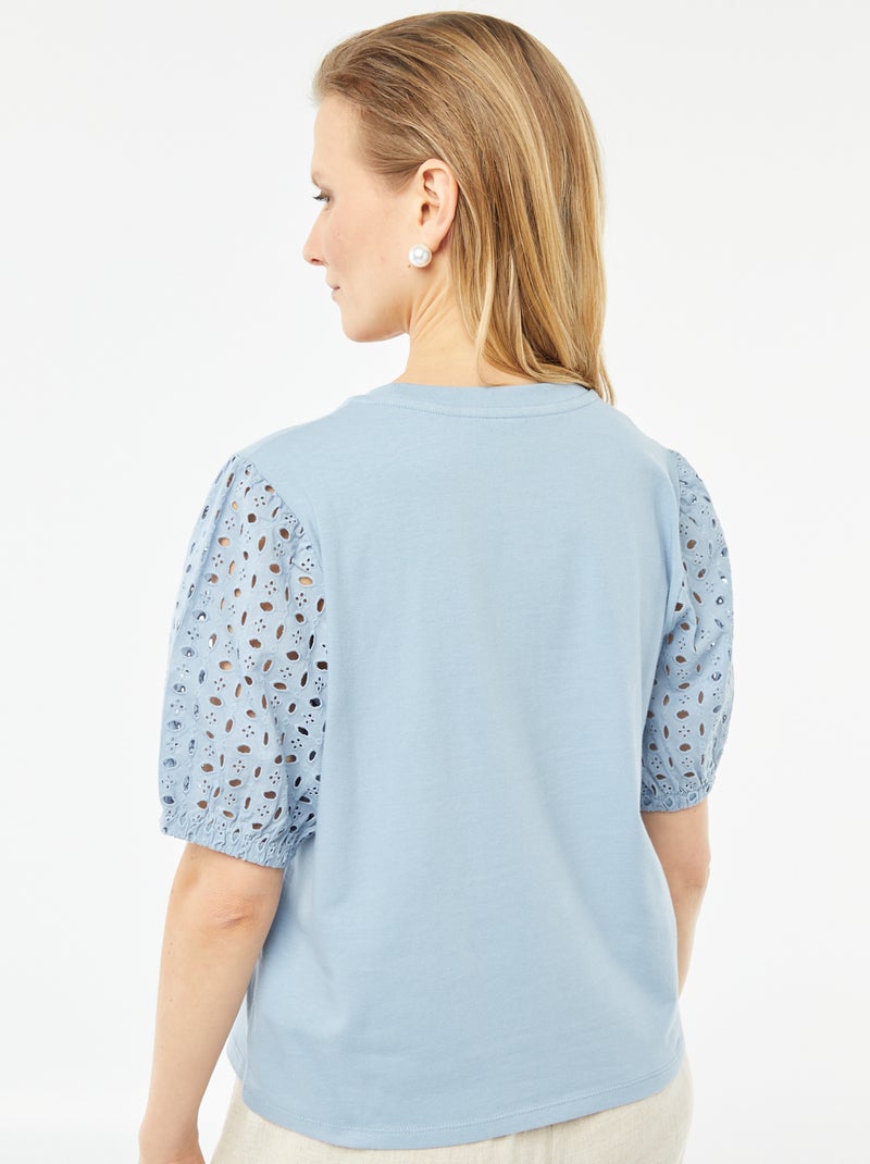 Camiseta lisa de manga corta con bordado inglés AZUL - Kiabi