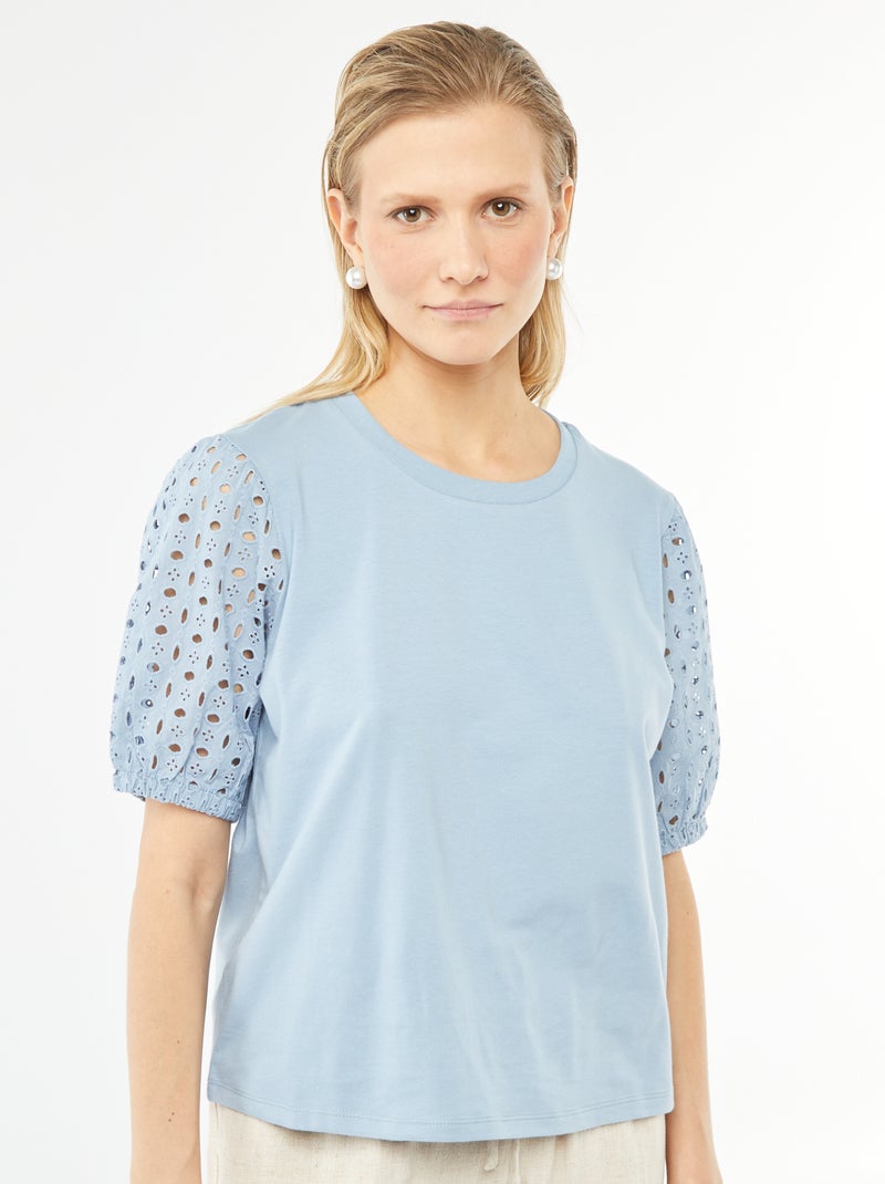 Camiseta lisa de manga corta con bordado inglés AZUL - Kiabi