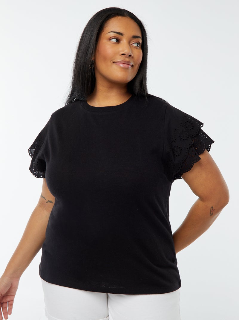 Camiseta lisa de manga corta con bordados negro - Kiabi