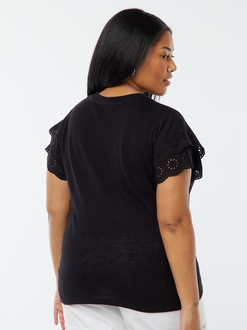 Camiseta lisa de manga corta con bordados negro - Kiabi