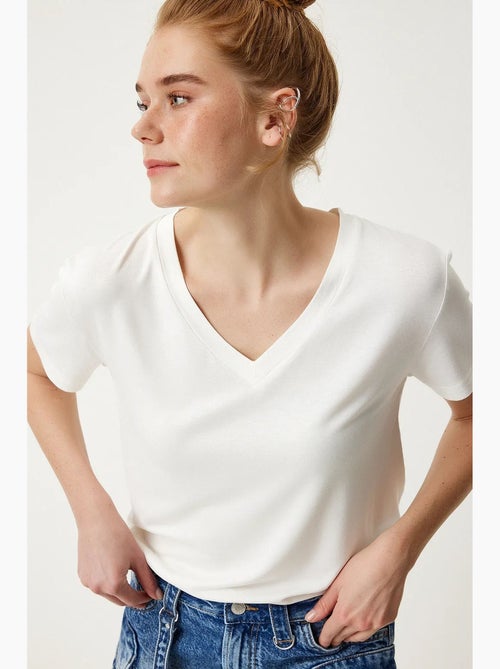 Camiseta lisa de manga corta con cuello en v istanbul - Kiabi