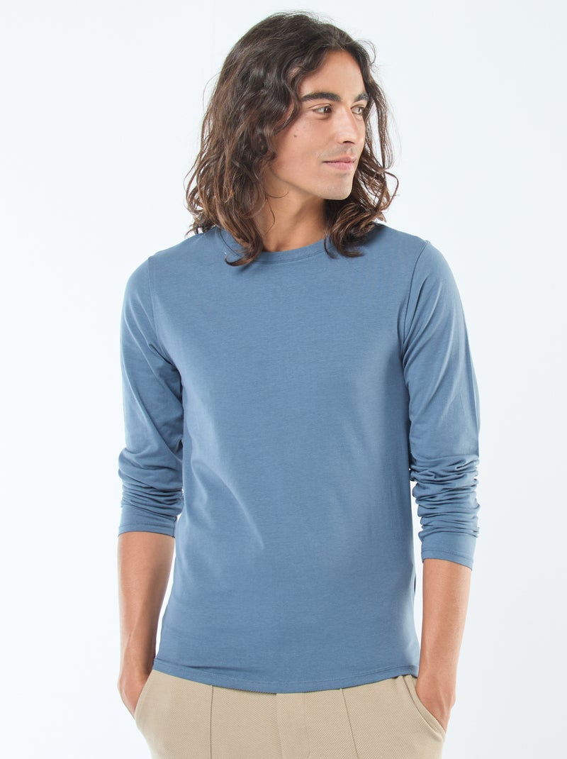Camiseta lisa de manga corta con cuello redondo Azul - Kiabi