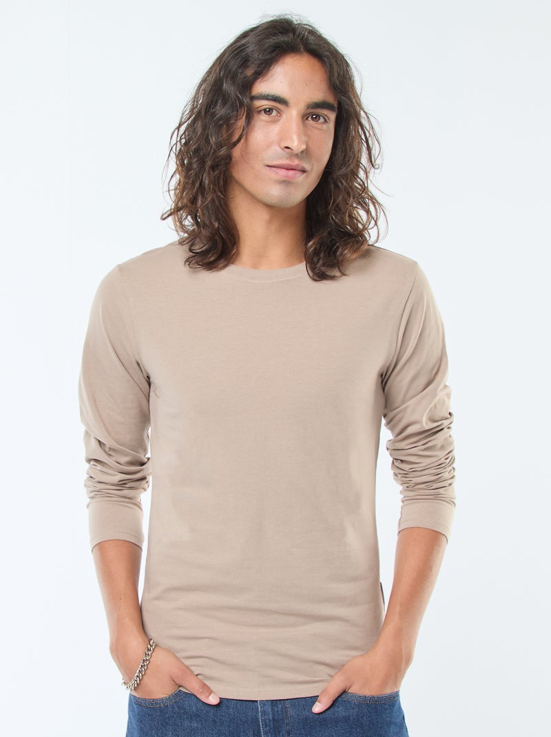 Camiseta lisa de manga corta con cuello redondo Beige - Kiabi