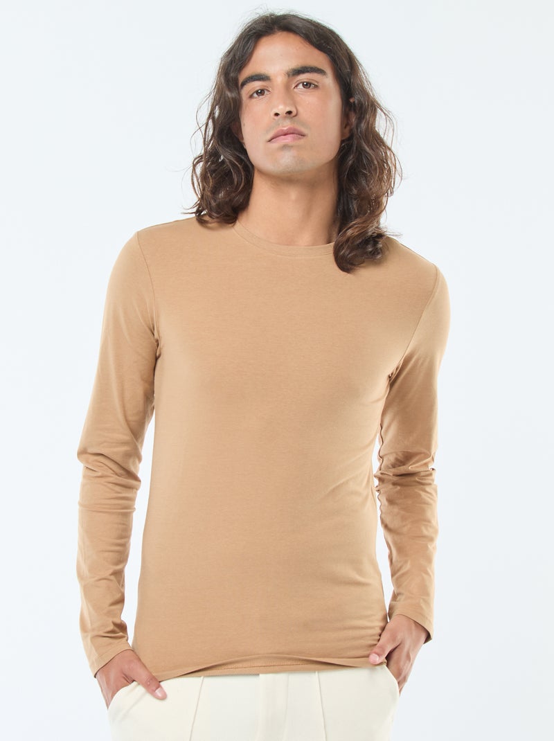 Camiseta lisa de manga corta con cuello redondo Beige - Kiabi