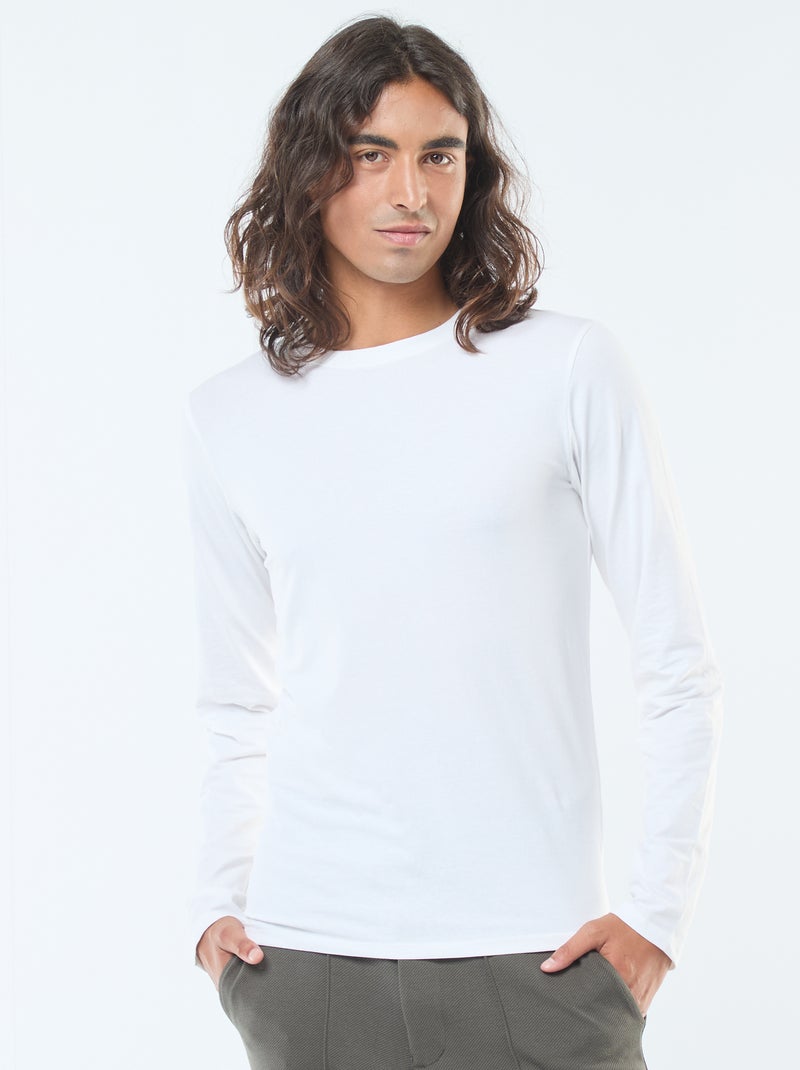 Camiseta lisa de manga corta con cuello redondo blanco - Kiabi