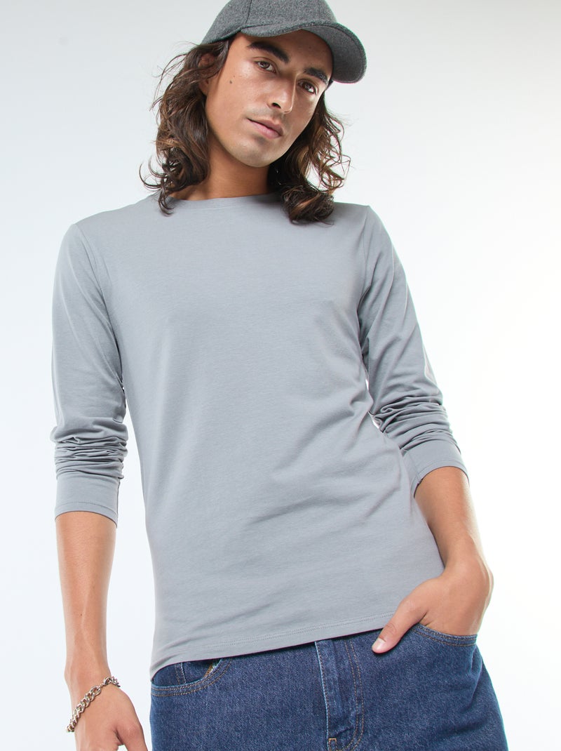 Camiseta lisa de manga corta con cuello redondo Gris - Kiabi