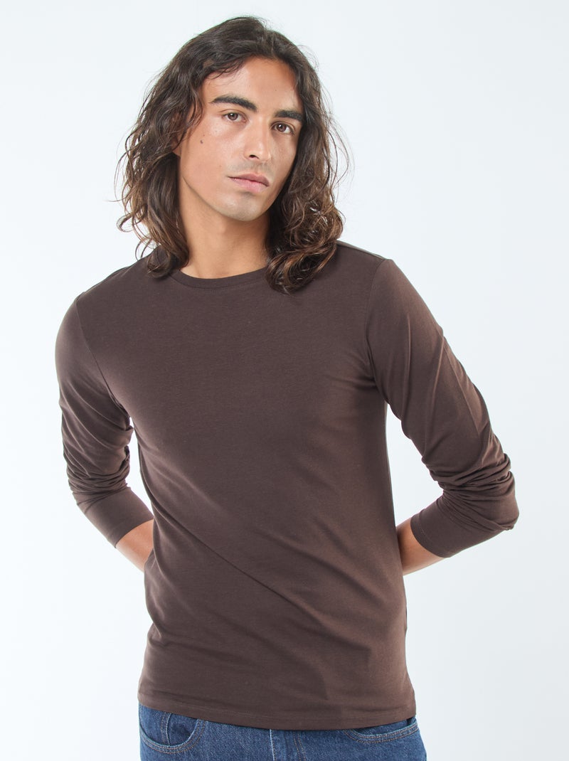 Camiseta lisa de manga corta con cuello redondo Marron - Kiabi