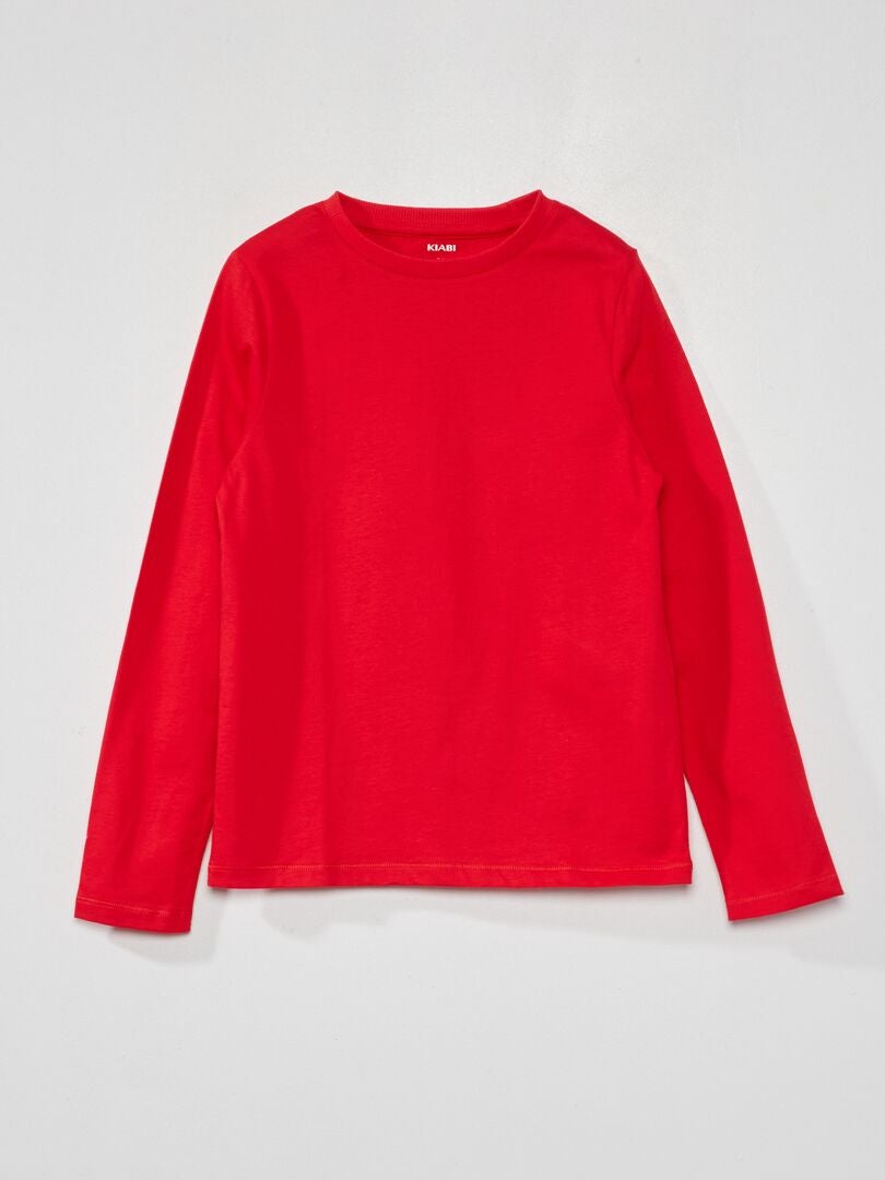 Camiseta lisa de manga larga rojo intenso - Kiabi
