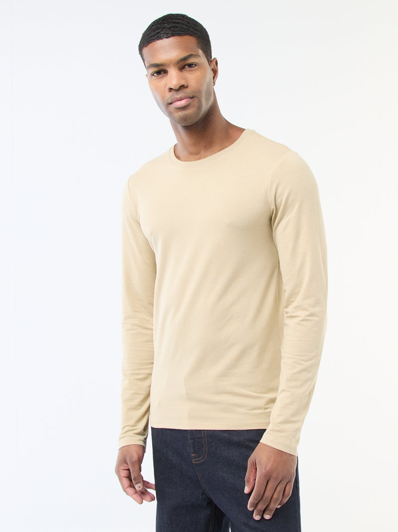 Camiseta lisa de manga larga y cuello redondo Beige - Kiabi