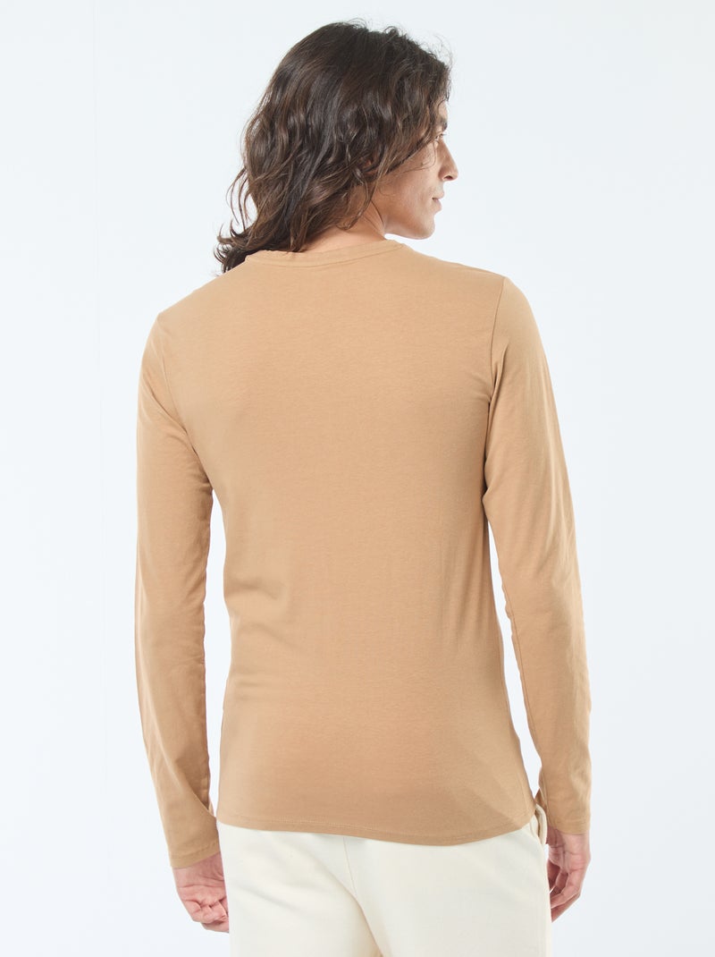 Camiseta lisa de manga larga y cuello redondo Beige - Kiabi