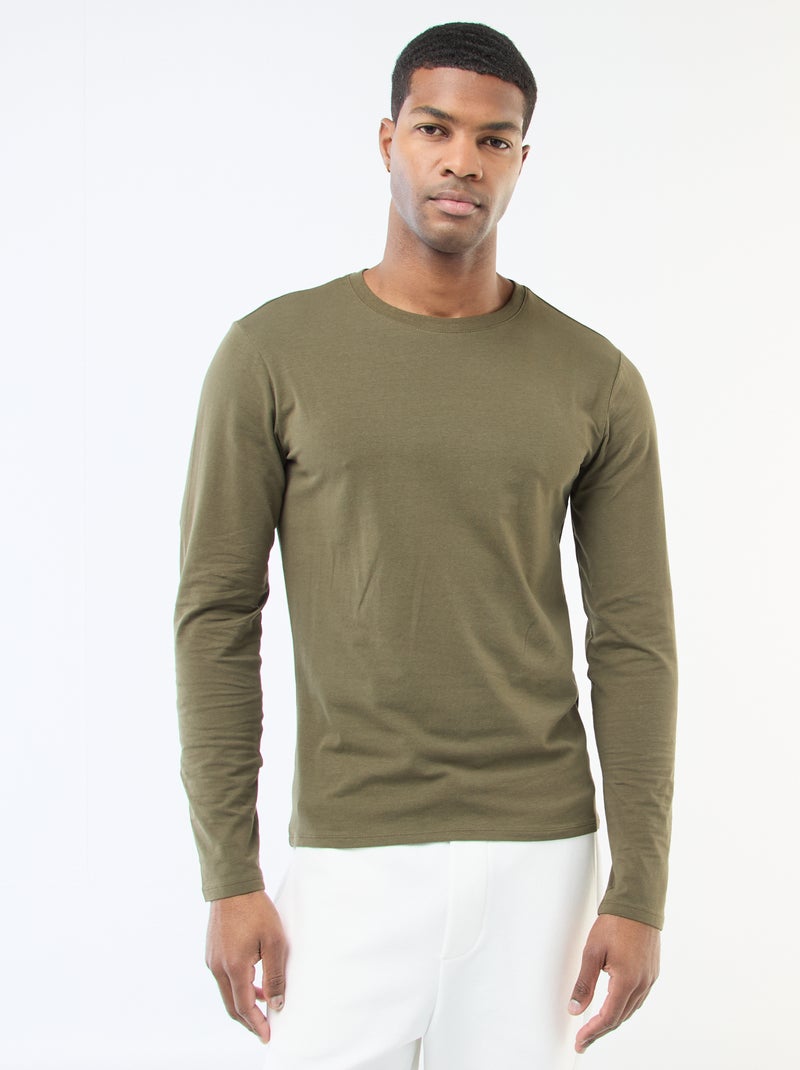 Camiseta lisa de manga larga y cuello redondo Kaki - Kiabi