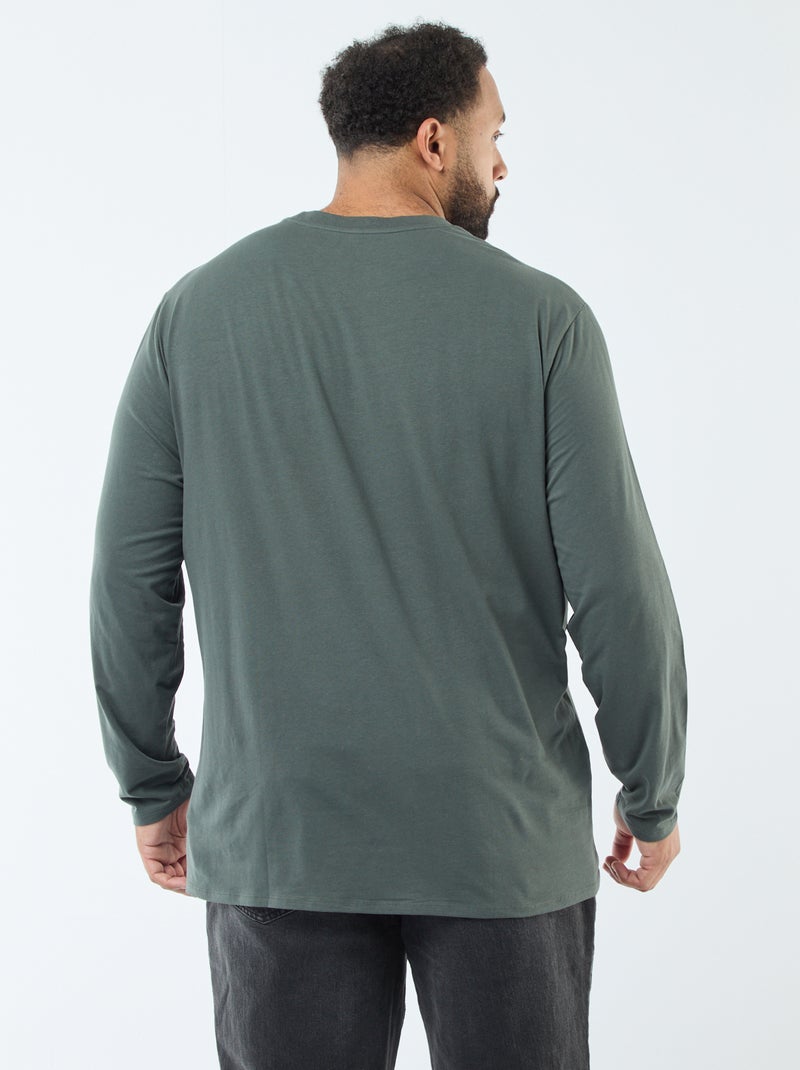Camiseta lisa de manga larga y cuello redondo Kaki - Kiabi