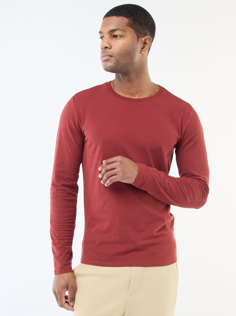 Camiseta lisa de manga larga y cuello redondo Rojo - Kiabi