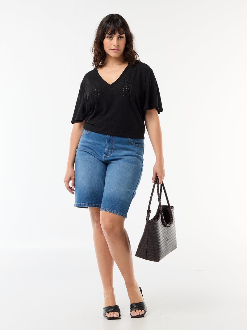 Camiseta lisa de punto calado Negro - Kiabi