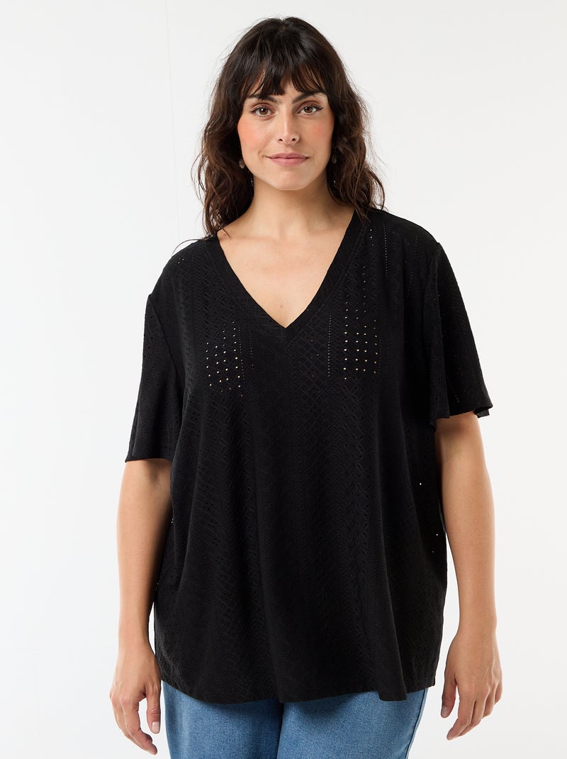 Camiseta lisa de punto calado Negro - Kiabi