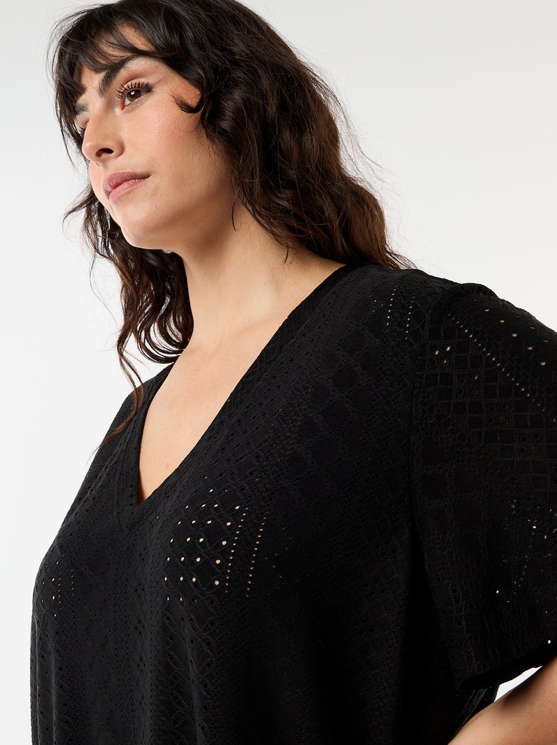 Camiseta lisa de punto calado Negro - Kiabi