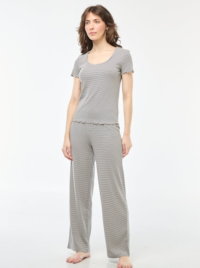 Camiseta lisa de punto canalé de manga corta Azul - Kiabi