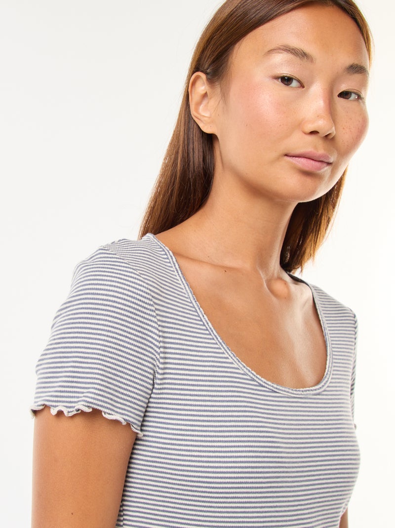 Camiseta lisa de punto canalé de manga corta Azul - Kiabi