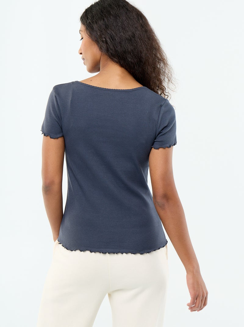 Camiseta lisa de punto canalé de manga corta Azul - Kiabi