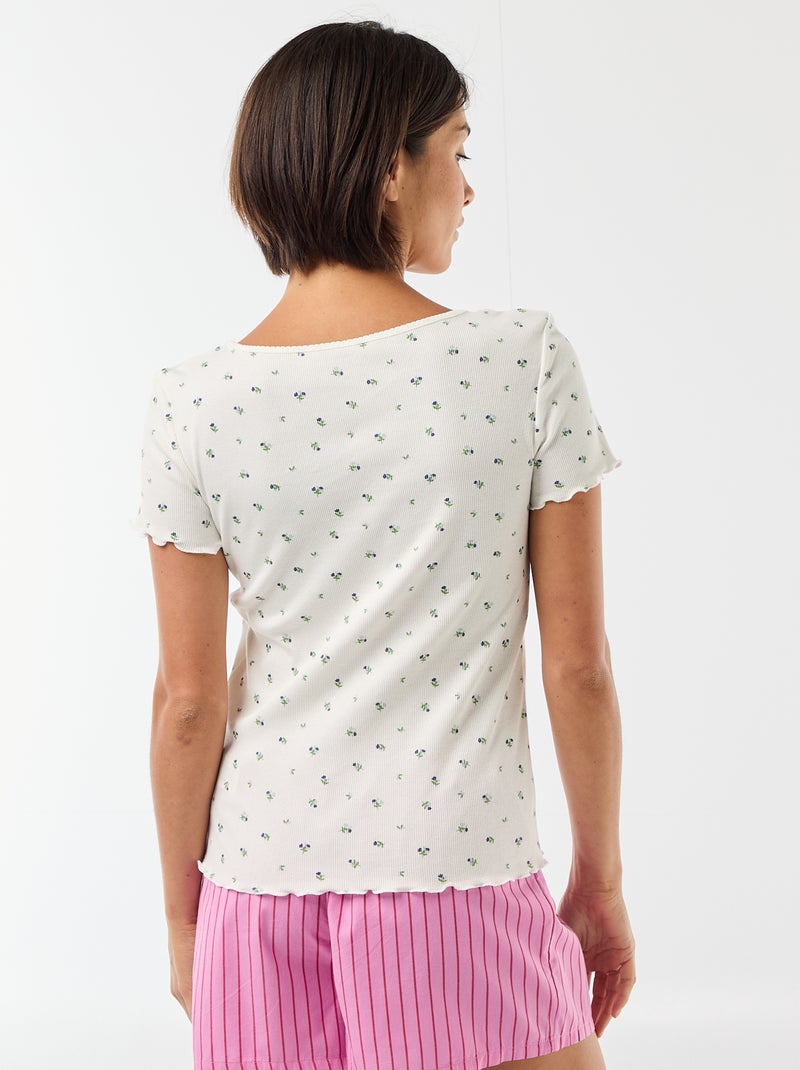 Camiseta lisa de punto canalé de manga corta Blanco - Kiabi