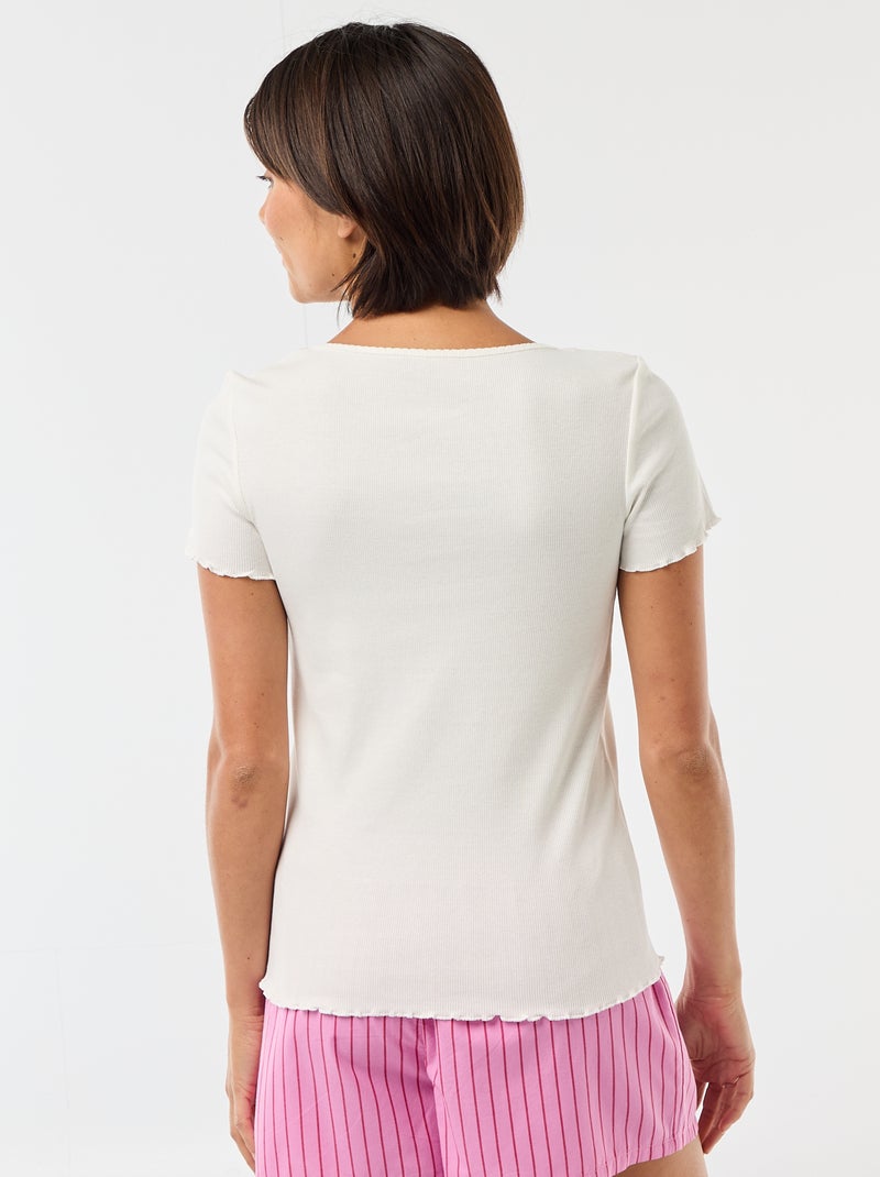 Camiseta lisa de punto canalé de manga corta Blanco - Kiabi