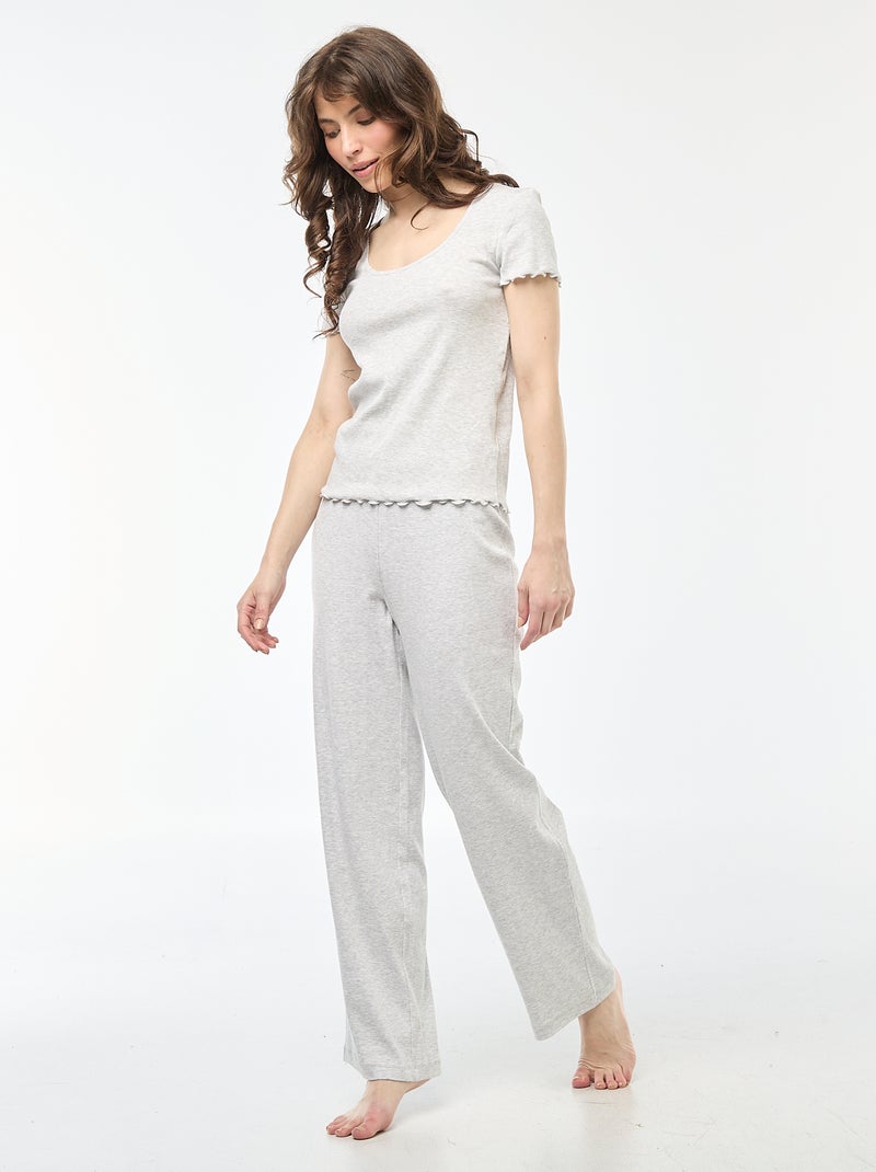 Camiseta lisa de punto canalé de manga corta Gris - Kiabi