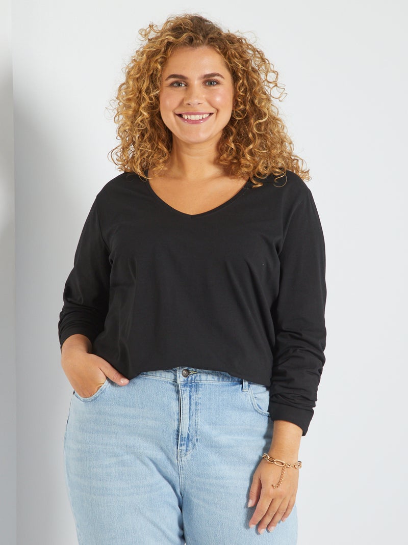 Camiseta lisa de punto con cuello de pico Negro - Kiabi