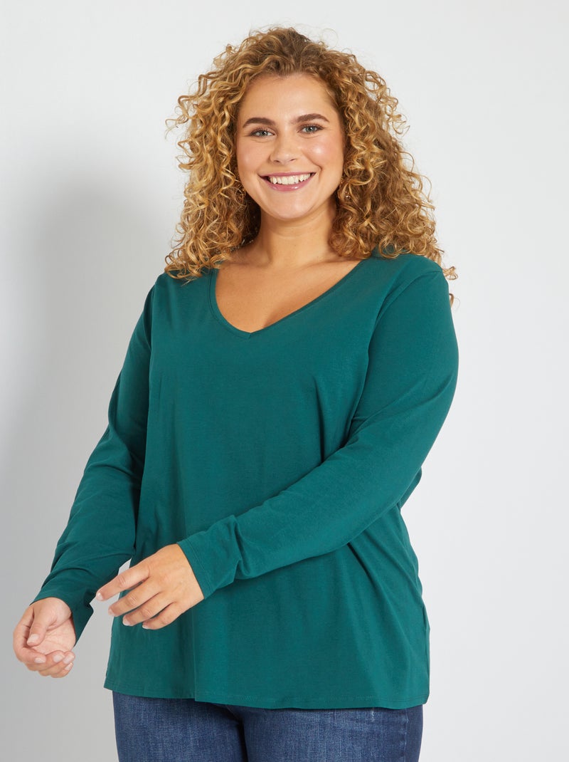 Camiseta lisa de punto con cuello de pico verde gris - Kiabi
