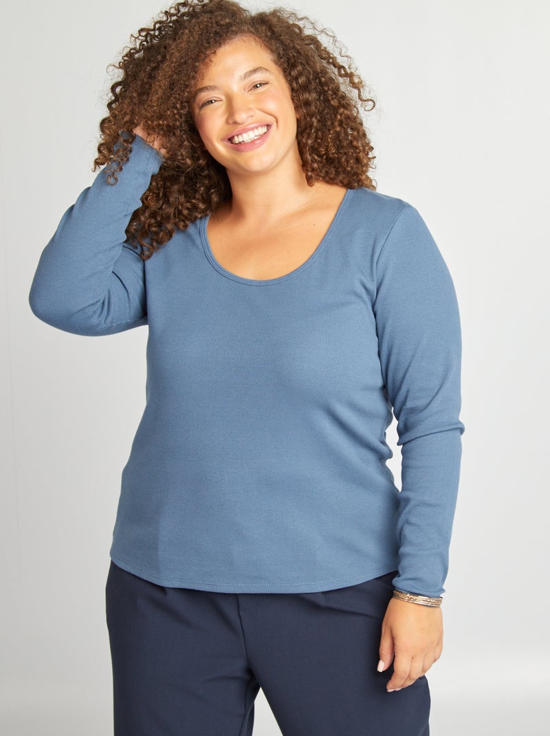 Camiseta lisa de punto de canalé AZUL - Kiabi
