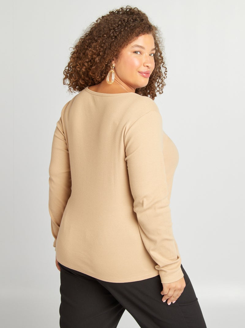 Camiseta lisa de punto de canalé BEIGE - Kiabi