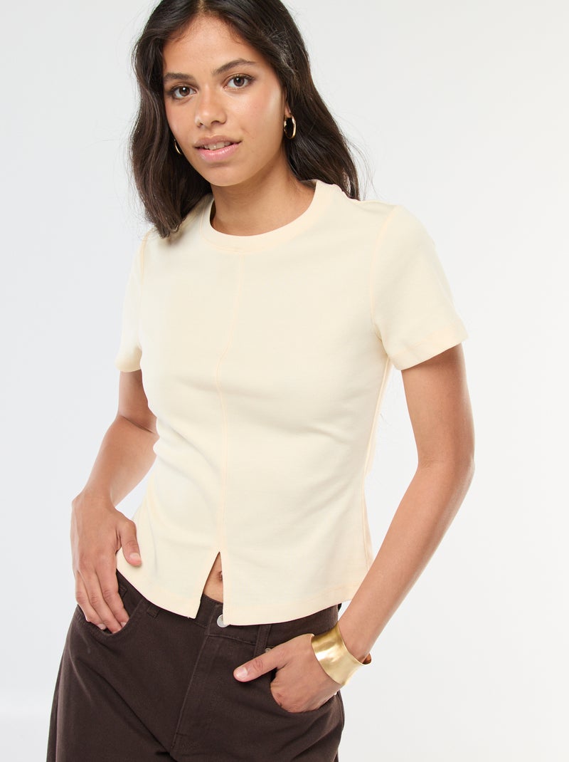 Camiseta lisa de punto de canalé fino Beige - Kiabi