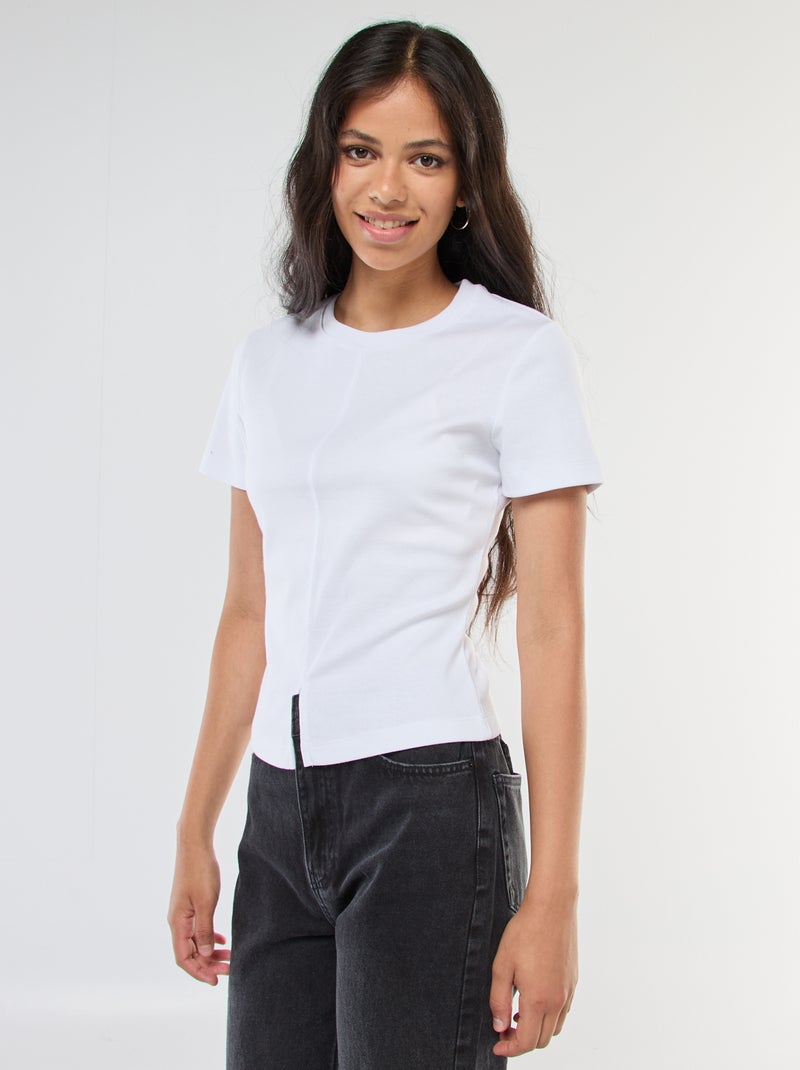 Camiseta lisa de punto de canalé fino Blanco - Kiabi