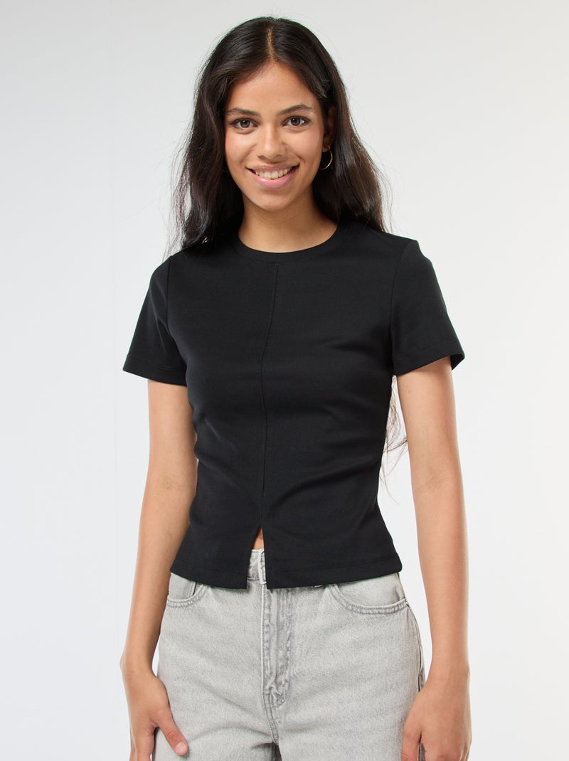 Camiseta lisa de punto de canalé fino Negro - Kiabi