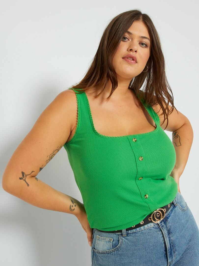Camiseta lisa de punto de canalé VERDE - Kiabi
