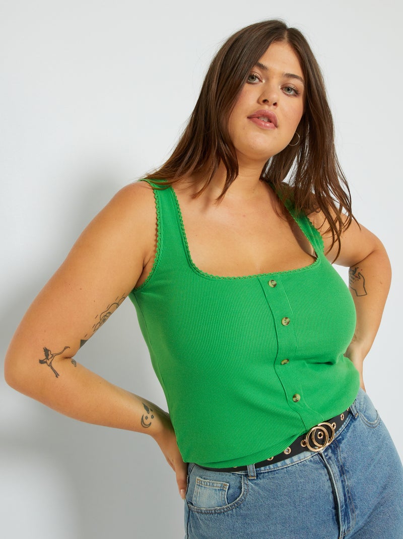 Camiseta lisa de punto de canalé VERDE - Kiabi