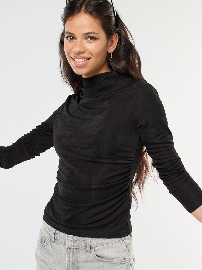 Camiseta lisa de tejido fluido con cuello alto Negro - Kiabi