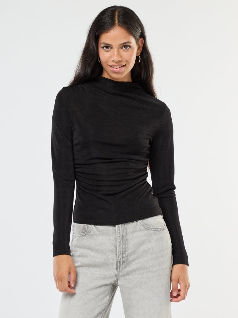 Camiseta lisa de tejido fluido con cuello alto Negro - Kiabi