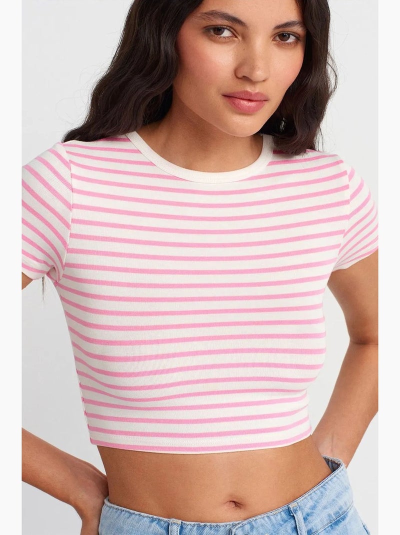 Camiseta manga corta a rayas dilvin Blanco Rosa - Kiabi