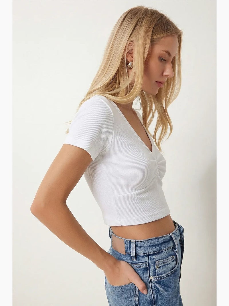 Camiseta manga corta cuello pico canalé istanbul Blanco - Kiabi