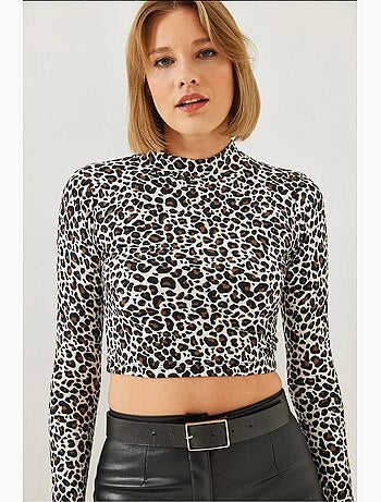 Camiseta manga larga corta cuello alto estampado leopardo lucci