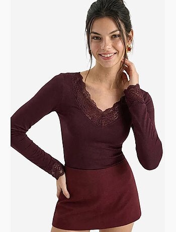 Camiseta manga larga escote pico encaje lucci