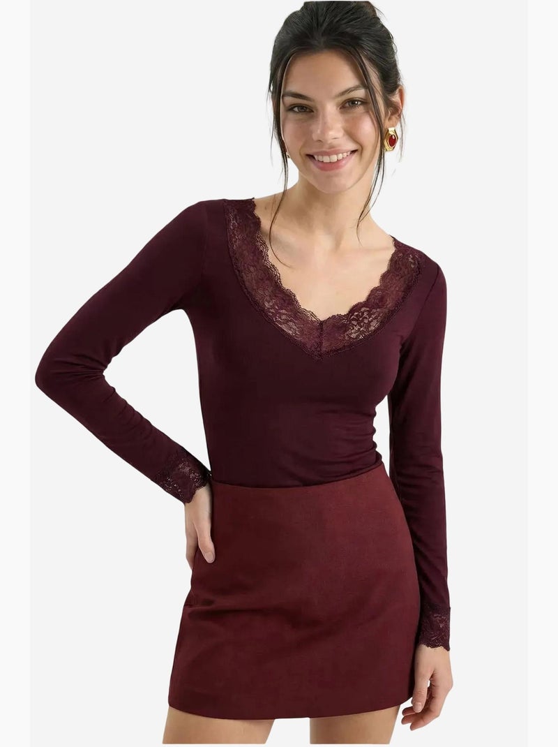Camiseta manga larga escote pico encaje lucci Rojo burdeos - Kiabi