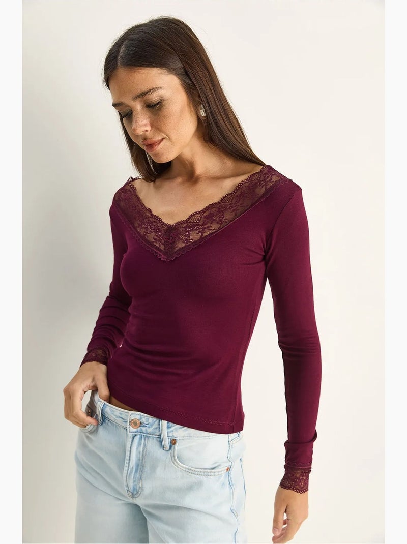 Camiseta manga larga escote pico encaje lucci Rojo burdeos - Kiabi