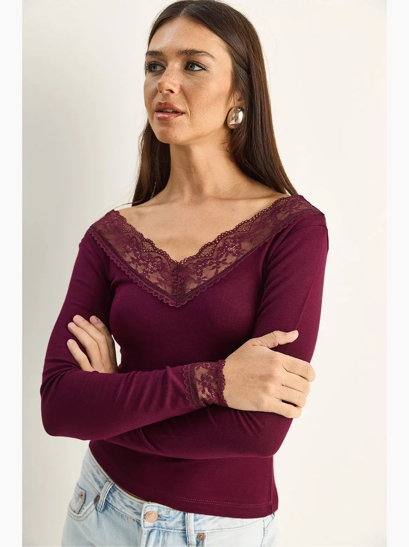 Camiseta manga larga escote pico encaje lucci Rojo burdeos - Kiabi