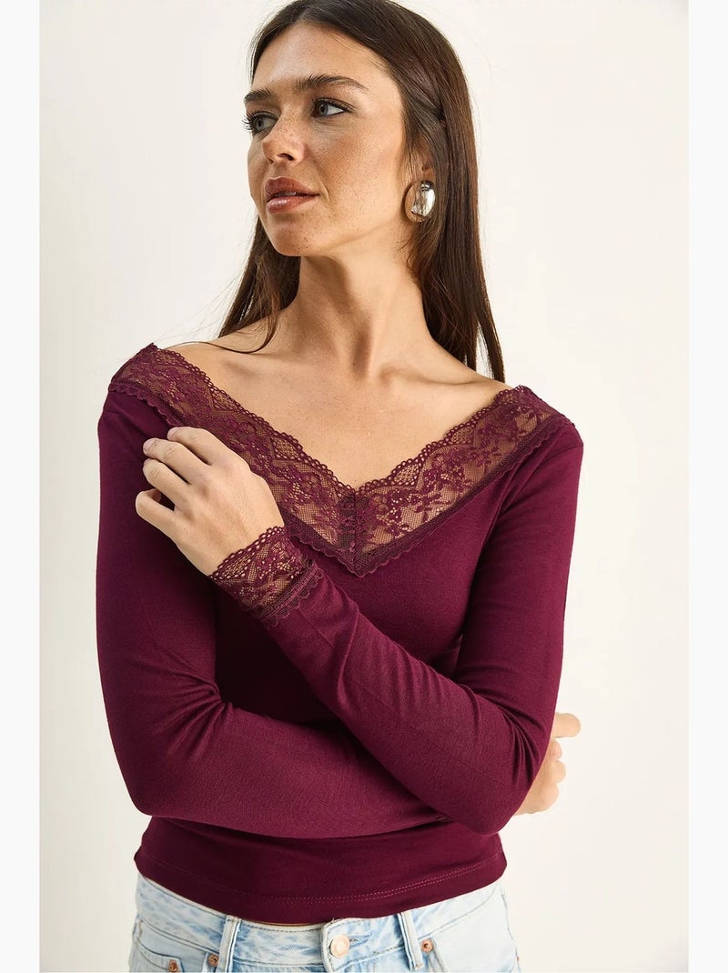 Camiseta manga larga escote pico encaje lucci Rojo burdeos - Kiabi